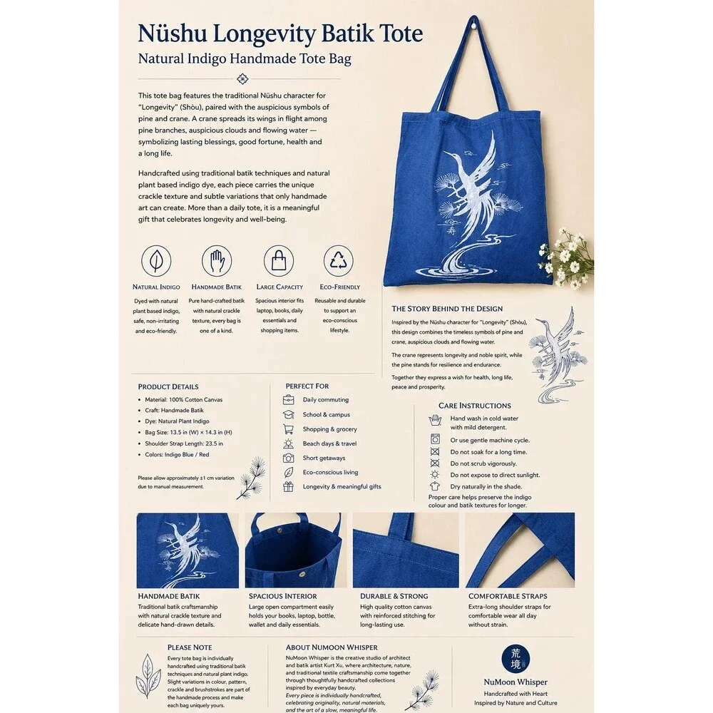 Nüshu Longevity Batik Tote Bag, Natural Indigo Pine & Crane Canvas Bag, Handmade